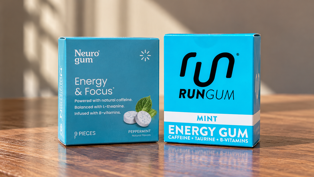 Neuro Gum vs Run Gum packs beside caffeine, ingredients, and cost comparison labels