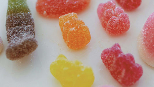 gummies and candies in assorted colors and shapes